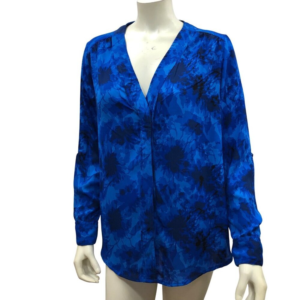 Gnev Womens Blue Floral Long Sleeve Blouse V-Neck‎ M